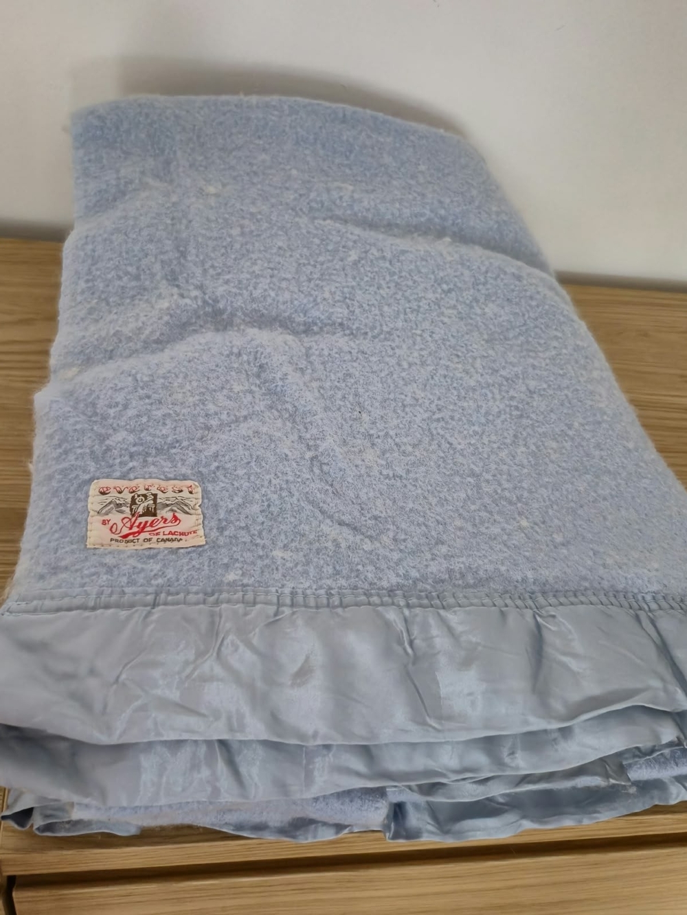Vintage Ayers Lachute Wool Blanket Satin Trim Soft Blue Cottagecore Throw